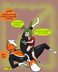 anthro big_breasts breasts clothing duo female genitals green_hair hair male male/female orange_body penetration penis suit text kuge canid canine fox lagomorph leporid mammal rabbit hi_res spanish_text translated