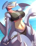 anthro big_breasts blue_body bra breasts clothing cloud day female fin hand_behind_head outside sky solo spikes sports_bra tail tail_fin thick_thighs thong underwear wide_hips sk3tchk4t nintendo pokemon garchomp generation_4_pokemon pokemon_(species) scalie hi_res