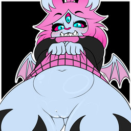 3_eyes anthro big_breasts bottomwear breasts clothed clothing clothing_lift female flashing genitals hair looking_at_viewer low-angle_view multi_eye navel no_underwear pink_hair simple_background skirt skirt_lift slightly_chubby smile solo upskirt vulva kloudmutt hellaverse helluva_boss emberlynn_pinkle demon felid felid_demon feline feline_demon mammal 1:1 hi_res