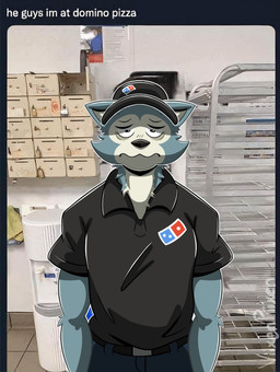 anthro belt black_belt black_clothing black_eyes black_hat black_headwear black_nose black_shirt black_topwear blue_bottomwear blue_clothing blue_pants bottomwear clothing eye_bags front_view frown fur grey_body grey_fur hat headgear headwear looking_at_viewer male multicolored_body multicolored_fur pants shirt solo text topwear two_tone_body two_tone_fur uniform lalo_manias beastars domino's_employee_before_and_after domino's_pizza legoshi_(beastars) canid canine canis mammal wolf english_text hi_res