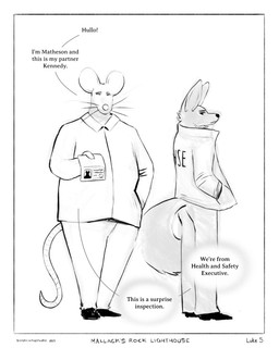 anthro badge big_ears black_clothing black_footwear black_nose black_shoes border bottomwear clothing collared_jacket dialogue duo fluffy fluffy_tail footwear hand_in_pocket jacket male mouse_tail pants pockets shoes side_eye simple_background speech_bubble tail text topwear whiskers white_background white_border sharkinthepark kennedy_(sharkinthepark) matheson_(sharkinthepark) canid canine fox mammal mouse murid murine rodent 2025 4:5 absurd_res comic english_text greyscale hi_res monochrome