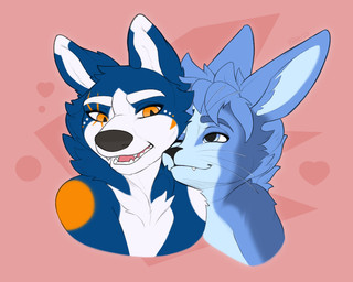 anthro blue_body blue_eyes blue_fur blue_hair duo fur hair heart_symbol looking_at_another looking_at_partner male male/male open_mouth orange_eyes pink_background simple_background wire ltzodd marku canid canine canis domestic_dog husky mammal nordic_sled_dog rexouium spitz 5:4 bust_portrait digital_media_(artwork) hi_res portrait