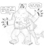 5_fingers 5_toes anthro belly big_belly bottomwear clothing dialogue duo feet fingers footwear hand_on_belly male musclegut muscular nipples open_mouth pants pants_only plantigrade sharp_teeth shirtless shoes size_difference speech_bubble teeth text toes touching_another snarkysardine bear fish mammal marine 1:1 2023 english_text hi_res monochrome sketch