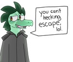 anthro clothed clothing dialogue dialogue_box living_image male open_mouth simple_background solo text white_background crocy crocodile crocodilian reptile scalie english_text hi_res