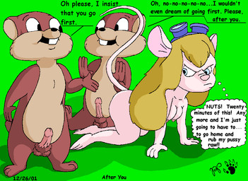 all_fours angry anthro balls black_nose blonde_hair breasts buckteeth dialogue erection eyewear eyewear_on_head female fur genitals goggles goggles_on_head group hair male male/female nipples nude nude_female nude_male penis pink_nose tail tan_body tan_fur teeth text thin_tail trio kthanid_(artist) chip_'n_dale_rescue_rangers disney gadget_hackwrench chipmunk ground_squirrel mammal mouse murid murine rodent sciurid 2001 character_request english_text