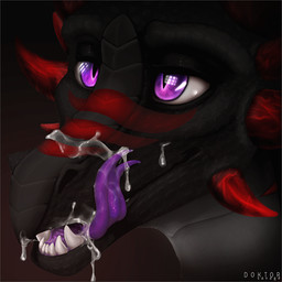 bodily_fluids cum cum_drip cum_in_mouth cum_inside cum_on_face cum_taste dripping female genital_fluids licking licking_lips licking_own_lips markings open_mouth pattern_background purple_eyes purple_tongue self_lick simple_background solo striped_background teeth tongue tongue_out doktor-savage mythology savage_(doktor-savage) dragon mythological_creature mythological_scalie scalie 1:1 2016 restricted_palette
