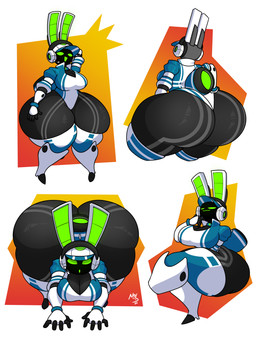:3 anthro armor bent_over big_breasts big_butt breasts butt cleavage clothed clothing electronics female green_eyes green_inner_ear green_mouth hat headgear headphones headwear helmet huge_butt huge_hips huge_thighs long_ears machine screen screen_face thick_thighs white_ears wide_hips noblayn project_turboblast tempo_(project_turboblast) animal_humanoid humanoid lagomorph leporid mammal rabbit robot 3:4 absurd_res hi_res