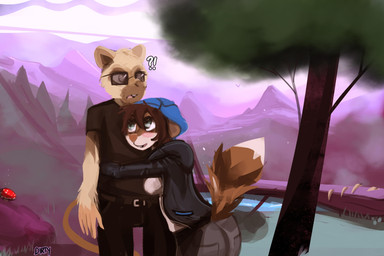 5_fingers anthro black_bottomwear black_clothing black_jacket black_pants black_topwear blue_clothing blue_headwear bottomwear breasts brown_body brown_clothing brown_ears brown_fur brown_hair brown_nose brown_shirt brown_tail brown_topwear clothed clothing confusion detailed_background dipstick_tail duo eyewear female fingers fully_clothed fur glasses green_eyes grey_bottomwear grey_clothing grey_pants hair happy headgear headwear hug interrobang jacket male markings mountain multicolored_body multicolored_fur multicolored_tail outside pants pink_tongue plant scenery shirt side_boob ski standing t-shirt tail tail_markings tan_body tan_ears tan_fur tongue topwear tree two_tone_body two_tone_fur two_tone_tail white_body white_clothing white_fur white_shirt white_tail white_topwear dirtyscoundrel hybrid mammal murid murine procyonid raccoon rat rodent 2017 3:2 absurd_res digital_media_(artwork) digital_painting_(artwork) hi_res painting_(artwork) signature
