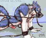 2005 6:5 all_fours anthro arms_restrained bdsm biped blue_body blue_fur bodily_fluids bondage bondage_gear bound canid canine canis countershading cuff_(restraint) cum digital_media_(artwork) domestic_dog english_text erection fur genital_fluids genitals humanoid_genitalia humanoid_penis java leash leather leather_cuffs male mammal muzzle_(object) nude oekaki penis restrained restraints simple_background solo sprawled submissive submissive_male text white_body white_countershading
