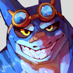 anthro band-aid band-aid_on_face band-aid_on_nose bandage bandage_on_face bandage_on_nose black_sclera blue_body countershade_face countershading eyewear eyewear_on_head furrowed_eyebrows goggles goggles_on_head grey_background grin looking_at_viewer male simple_background smile solo striped_body stripes teeth text toothy_grin yellow_eyes goofyahdragons ambiguous_species scalie 1:1 2024 artist_name detailed headshot_portrait hi_res icon portrait