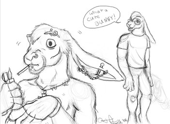 anthro bottomless buckteeth cigarette clothed clothing dialogue duo ear_piercing eyebrow_piercing eyewear facial_piercing fingerless_gloves fur glasses gloves grin hair handwear jewelry lighter male necklace open_mouth paws piercing shocked simple_background smile smoke smoking teeth text topless white_background wide_eyed orthan thistle_(orthan) hare lagomorph leporid mammal 2008 english_text monochrome