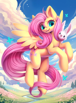 ambiguous_gender cloud day duo feathers feral fingers front_view fur mane outside sky smile tail teeth tongue wings bloominglynx friendship_is_magic hasbro my_little_pony mythology angel_(mlp) fluttershy_(mlp) equid equine lagomorph leporid mammal mythological_creature mythological_equine pegasus rabbit 2026 digital_drawing_(artwork) digital_media_(artwork) hi_res male_(lore)
