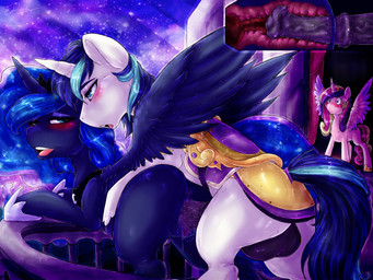 animal_genitalia animal_penis backsack balls being_watched big_balls blue_eyes blue_hair blush butt caught_in_the_act cutaway cutie_mark equine_genitalia equine_penis erection feathered_wings feathers female feral feral_penetrating genitals group hair half-closed_eyes horn infidelity long_hair looking_at_another male male/female male_penetrating multicolored_hair narrowed_eyes open_mouth outside penetration penis sex two_tone_hair vaginal vaginal_penetration vein vulva wide_eyed wings dimwitdog friendship_is_magic hasbro my_little_pony mythology princess_cadance_(mlp) princess_luna_(mlp) shining_armor_(mlp) equid equine mammal mythological_creature mythological_equine unicorn winged_unicorn 2015 absurd_res digital_media_(artwork) hi_res
