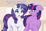 blue_eyes dialogue duo eyebrows eyelashes female feral greeting hair horn looking_back multicolored_hair open_mouth pupils purple_body purple_eyes purple_hair quadruped simple_background smile tail text thick_thighs three-quarter_view white_body czu friendship_is_magic hasbro my_little_pony mythology rarity_(mlp) twilight_sparkle_(mlp) equid equine mammal mythological_creature mythological_equine unicorn absurd_res english_text hi_res