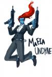 alternate_universe clothed clothing eye_patch eyewear female footwear gun hair ranged_weapon red_hair simple_background smile solo submachine_gun suit text uzi weapon white_background stroberry_oatmeal undermafia undertale undertale_(series) undyne fish marine hi_res