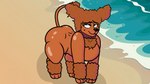 16:9 accessory animated beach belly big_butt blurred_background bow_wow_(mykendyke) brown_body brown_fur butt canid canine canis cloud collar collar_only collar_ring conditional_dnp detailed_background domestic_dog exhibitionism eyelashes female feral freckles fur looking_pleasured mammal mykendyke narrowed_eyes nude papriko paws poodle presenting public purple_collar raised_tail sand seaside short_playtime smile solo summer tail widescreen