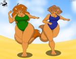 anthro beach breasts cleavage clothed clothing duo female sand seaside swimwear chrisandcompany daryl_vecat neve_vecat domestic_cat felid feline felis mammal