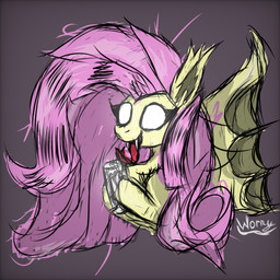 abstract_background alternate_hairstyle alternative_fashion emo eyelashes fangs female feral fur glowing glowing_eyes gradient_background hair happy inner_ear_fluff long_tongue makeup mane membrane_(anatomy) membranous_wings messy messy_hair monotone_hair open_mouth pink_hair pink_mane raccoon_tail_hair retro_artstyle simple_background smile solo spread_wings teeth text thick_eyelashes tongue tongue_out tuft wavy_hair wavy_mane white_eyes wings y2k_(graphic_design) yellow_body yellow_fur worny friendship_is_magic hasbro monster_energy my_little_pony mythology white_monster_energy flutterbat_(mlp) fluttershy_(mlp) bat_pony equid equine horse mammal mythological_creature mythological_equine pegasus pony 1:1 2026 digital_drawing_(artwork) digital_media_(artwork) english_text hi_res portrait signature