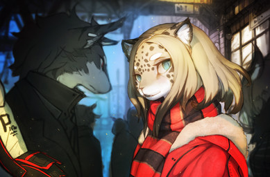 anthro black_clothing black_jacket black_topwear blonde_hair clothing detailed_background duo female fur grey_body grey_fur hair jacket looking_aside looking_at_viewer male open_mouth outside pattern_clothing pattern_scarf red_clothing red_jacket red_topwear scarf striped_clothing striped_scarf stripes tan_body tan_fur toony topwear window liki canid canine canis felid leopard mammal pantherine wolf detailed digital_media_(artwork)
