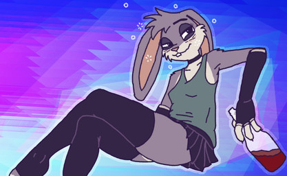 anthro arm_warmers armwear biped blush bottle bottomwear clothing container drunk eyelashes female fluffy fluffy_tail fur gloves gradient_background grey_body grey_fur handwear holding_bottle holding_container holding_object inner_ear_fluff legwear light_body light_fur long_ears long_tail looking_at_viewer low-angle_view shirt simple_background sitting skirt smile solo substance_intoxication tail tank_top thigh_highs topwear tuft ircluzar violet_bunny lagomorph leporid mammal rabbit cel_shading digital_media_(artwork) hi_res shaded