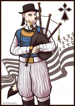 anthro bagpipes belt_buckle blue_clothing blue_eyes bottomwear breton_flag brown_nose buckle button_(fastener) clothing dipstick_tail eyebrows female flag folk_clothes fur hat headgear headwear holding_musical_instrument holding_object looking_away markings musical_instrument pants patterns smile solo tail tail_markings top_hat traditional_dress white_body white_bottomwear white_clothing white_fur white_pants wind_instrument woodwind_instrument nakamudra mammal mustelid musteline stoat true_musteline weasel 2025 digital_drawing_(artwork) digital_media_(artwork) hi_res signature