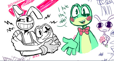 anthro dialogue duo female flower glistening_eyelids green_body hug long_ears male partial_speech_bubble plant selective_coloring smile text bizzcochito glitch_productions the_amazing_digital_circus jax_(tadc) ribbit_(tadc) amphibian frog lagomorph leporid mammal rabbit 2026 english_text signature