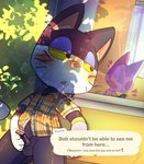 anthro balls being_watched blush bodily_fluids clothed clothing genital_fluids genitals leaking_precum looking_at_another male masturbation penile penile_masturbation penis precum solo text voyeur bj_(artist) animal_crossing nintendo bob_(animal_crossing) punchy_(animal_crossing) felid feline mammal english_text hi_res