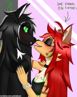 anthro big_breasts blush breasts clothed clothing collar cute_fangs duo ear_piercing fangs female female/female floppy_ears fur green_eyes hair kissing licking open_mouth piercing red_hair ring_piercing simple_background smile teeth text tongue tongue_out limpidream lumi_star mindy_(monstera)_graves canid canine canis domestic_cat domestic_dog felid feline felis hybrid mammal wolf 4:5 absurd_res digital_media_(artwork) english_text hi_res url