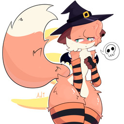 anthro big_tail blush blush_lines clothing costume curvy_figure femboy fur holidays looking_back magic_user male orange_body orange_fur simple_background simple_eyes solo tail text thick_thighs wide_hips witch adi_:3 halloween adrii_(character) canid canine fox mammal 1:1 absurd_res digital_media_(artwork) hi_res shaded simple_shading