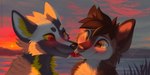 anthro black_hair black_nose blush cheek_tuft closed_smile duo facial_tuft french_kissing fur grey_body grey_fur hair head_tuft kissing male male/male mouth_closed outside red_eyes red_tongue sky smile sunset tongue tuft white_body white_fur yellow_body yellow_eyes yellow_fur yellow_sclera mylafox canid canine canis mammal wolf 2023 2:1 dated hi_res signature