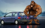 anthro body_hair bottomwear brown_body car chest_hair clothing compact_car landscape male mountain muscular muscular_male road shorts solo vehicle winter autofurrart zubr beauty_and_the_beast disney renault beast_(disney) mammal monster absurd_res hi_res