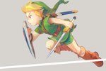 belt blonde_hair boots clothing footwear hair hat headgear headwear humanoid_pointy_ears light_body light_skin male melee_weapon not_furry pointy_ears shield shirt shoes simple_background solo sword topwear tunic weapon olxexlo nintendo ocarina_of_time the_legend_of_zelda young_link humanoid hylian