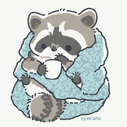 bedding black_eyes black_nose blanket chibi container cup dot_eyes feral fur grey_body grey_fur simple_background simple_eyes sitting solo white_background yencatx mammal procyonid raccoon 1:1 2021