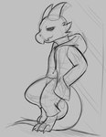 3_toes against_surface against_wall anthro barefoot claws clothing feet hand_in_pocket hoodie horn looking_at_viewer male narrowed_eyes pockets solo standing toe_claws toes topwear garrts side_b kobold reptile scalie monochrome sketch