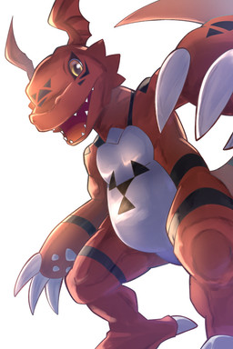 3_fingers anthro biped black_body black_scales black_tail claw_fingers claw_toes claws featureless_chest featureless_crotch feet fingers looking_at_viewer looking_down looking_down_at_viewer male male_anthro multicolored_body multicolored_scales multicolored_tail open_mouth open_smile plantigrade pupils quads red_body red_scales red_tail red_tongue scales sharp_teeth smile snout solo tail tapering_tail teeth tongue white_body white_claws white_scales white_tail yellow_eyes rumine bandai_namco digimon digimon_(species) guilmon scalie 2025 2:3 hi_res shaded