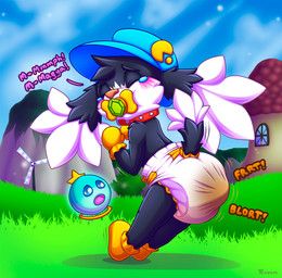 ageplay anthro blush bodily_fluids booties clothing collar detailed_background diaper feces furgonomics handwear hat headgear headwear infantilism male mittens mountain object_in_mouth onomatopoeia pacifier pacifier_in_mouth roleplay soiling solo sound_effects squatting_pose tears text unclean_diaper used_diaper windmill rexam-1 bandai_namco klonoa_(series) huepow klonoa hybrid hi_res