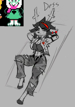 abs annoyed anthro antlers armband belly_exposed bottomwear camo clothing ear_piercing eyelashes eyeshadow female freckled_face freckles glistening glistening_eyes hands_behind_back heart_symbol hooves horn jacket letterman_jacket long_eyelashes looking_at_viewer lying makeup on_back pants piercing red_ear_piercing red_hair_tips red_hair_tuft shirt slightly_muscular solo tank_top tomboy topwear torn_bottomwear torn_clothing torn_pants galgano deltarune undertale_(series) dess_holiday ralsei deer mammal monochrome