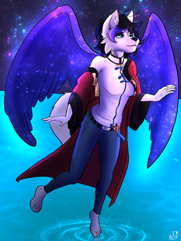 anthro back_wings cosmic_background cosmic_wings female floor floor_light forehead_gem fur gem grey_body grey_fur oriental_clothing solo spread_wings water wings jakesart canid canine canis mammal wolf 3:4 hi_res portrait