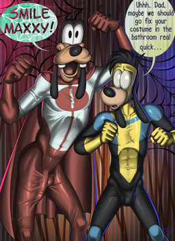 age_difference anthro balls_outline black_nose bulge cape clothed clothing costume detailed_bulge dialogue duo erection erection_under_clothing fur genital_outline genitals holidays looking_at_genitalia looking_at_penis male open_mouth penis penis_outline skinsuit smile speech_bubble standing tail teeth text tight_clothing tongue tush_(artist) disney goof_troop halloween image_comics invincible_(image_comics) goofy_(disney) max_goof canid canine canis domestic_dog mammal absurd_res digital_media_(artwork) english_text hi_res father_(lore) father_and_child_(lore) father_and_son_(lore) parent_(lore) parent_and_child_(lore) parent_and_son_(lore) son_(lore)
