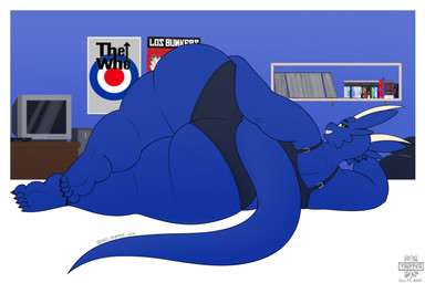 5_fingers 5_toes anthro big_breasts big_butt black_claws blue_body blue_eyebrows border bra breasts butt claws clothed clothing electronics eyebrow_piercing eyebrows facial_piercing feet female fingers furniture horn huge_breasts huge_hips huge_thighs hyper hyper_hips inside lying on_side overweight overweight_anthro overweight_female piercing poster sharp_teeth shelf solo table tan_horn teeth television text thick_thighs toes underwear white_border wide_hips yellow_eyes day-tripper-guy mythology blue_(day-tripper-guy) dragon mythological_creature mythological_scalie scalie 2023 english_text hi_res