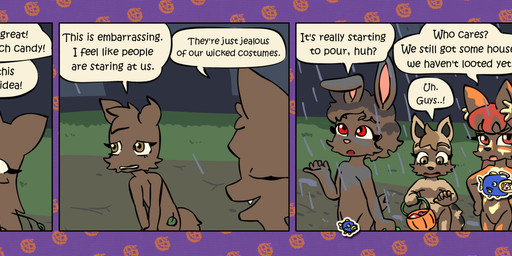 anthro black_hair black_nose brown_body brown_eyebrows brown_eyes brown_fur brown_tail candy candy_bucket candy_pail censored_breasts censored_genitalia censored_penis clothing convenient_censorship costume creative_censorship cute_fangs dessert dialogue dirty eyebrows eyelashes eyes_closed fangs featureless_crotch female food fur ghost_costume grey_body grey_fur group hair holidays jack-o'-lantern male markings mud mud_covered multicolored_body multicolored_fur navel nude onomatopoeia open_mouth open_smile orange_body orange_eyes orange_fur pink_nose rabbit_ears raining red_eyes red_hair ring_(marking) ringed_tail smile sound_effects striped_markings striped_tail stripes tail tail_markings talking_to_another tan_body tan_fur teeth text trio two_tone_body two_tone_fur young young_anthro young_female young_male bisonvega halloween bunny_boy_(bisonvega) fox_girl_(bisonvega) raccoon_gal_(bisonvega) canid canine fox lagomorph leporid mammal procyonid rabbit raccoon 2025 censored comic english_text hi_res