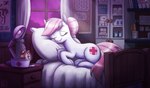 bed clock cutie_mark eyelashes female feral fur furniture glistening glistening_hair hair inside lamp pink_hair red_cross sleeping solo white_body white_fur window king-kakapo friendship_is_magic hasbro my_little_pony nurse_redheart_(mlp) earth_pony equid equine horse mammal pony 2023 hi_res