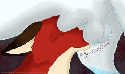 abstract_background animal_genitalia ball_sniffing balls balls_on_face blue_body blue_fur body_worship duo eyes_closed female feral fluffy_balls fully_sheathed fur genital_worship genitals happy male male/female markings mouth_closed red_body red_fur sheath smile sniffing spots spotted_body spotted_fur white_body white_fur ninafoxxo bruma_(ninafoxxo) sebille_(lavamouse) arctic_fox canid canine fox mammal red_fox true_fox absurd_res hi_res