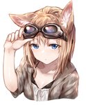 5_fingers adjusting_goggles blonde_hair blue_eyes bra breasts clothing eyewear eyewear_on_head female fingers goggles goggles_on_head hair looking_at_viewer simple_background solo underwear white_background sukemyon animal_humanoid felid felid_humanoid humanoid mammal mammal_humanoid 2018 bust_portrait digital_media_(artwork) hi_res portrait shaded