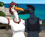 anthro arm_around_partner beach beak belly big_breasts black_beak black_body black_clothing black_feathers blue_eyes blush breasts brown_hair cleavage cliff clothed clothing colored_nails cross dark_hair day dirt duo eyelashes eyeshadow feathers female fence fingernails fully_clothed green_eyes hair hands_behind_back horizon jewelry long_beak long_neck looking_at_viewer makeup nails navel necklace non-mammal_breasts orange_beak outside plant purple_eyeshadow purple_nail_polish purple_nails raised_arm red_hair religion romantic romantic_couple sand sea seaside selfie short_hair smile tattoo tree two_piece water white_body white_clothing white_feathers cayugo connie_(cayugo) stephanie_(cayugo) avian bird corvid corvus_(genus) crow oscine passerine stork absurd_res cel_shading hi_res shaded