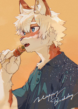 anthro black_clothing black_topwear blue_eyes bodily_fluids clothing fur hair male orange_body orange_fur solo sweat topwear white_body white_fur white_hair yakitori enmapsycho hu_ku_li_(milkybot) domestic_cat felid feline felis mammal hi_res