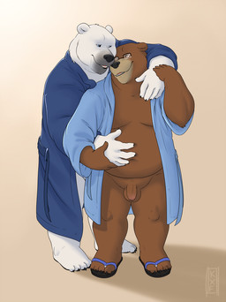 anthro balls clothed clothing duo eyewear flaccid flip_flops footwear foreskin genitals glasses hug hugging_another hugging_from_behind humanoid_genitalia humanoid_penis looking_at_another looking_at_partner male male/male overweight overweight_anthro overweight_male partially_clothed partially_clothed_anthro partially_clothed_male penis robe robe_only sandals shoes simple_background standing wearing_glasses kronexfire bear mammal polar_bear ursine 2019 hi_res