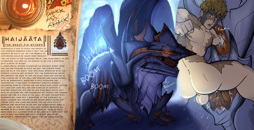 anal anal_fisting anal_penetration big_dom_small_sub blue_body bodily_fluids coochie_connoisseur_(yaboinoir_designs) dominant duo female feral fisting genital_fluids genitals light_body light_skin looking_pleasured male male/female monster_hunter_survive orange_eyes penetration profanity sex size_difference smaller_male text unusual_anatomy unusual_genitalia unusual_vulva urethra vaginal vaginal_fluids vaginal_penetration vulva skulboogie yaboinoir capcom monster_hunter haijaata_(mhs) jalo_(mhs) brute_wyvern dinosaur fish human hybrid mammal marine prehistoric_species reptile saurischian scalie shark theropod absurd_res english_text hi_res