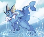 action_pose anthro black_nose black_sclera blue_body blue_fur confident elemental_manipulation fur male open_mouth pose scarf simple_background solo tail thick_tail water water_manipulation white_eyes white_scarf daviddarient203 nintendo pokemon eeveelution generation_1_pokemon pokemon_(species) vaporeon hi_res spanish_description