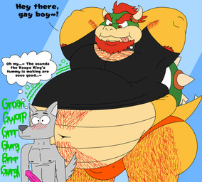 anthro arm_hair armpit_hair aroused beard belly belly_hair big_belly big_butt blush bodily_fluids body_hair butt chest_hair chubby_cheeks clothing dialogue duo facial_hair flirting genital_fluids hairy hairy_legs hands_behind_head male male/male mature_male navel nipples noisy_belly overweight precum rumbling_stomach size_difference sound_effects text thick_thighs thought_bubble tight_clothing tongue supermariofann1 mario_bros nintendo bowser canid canine koopa mammal scalie 2025 digital_drawing_(artwork) digital_media_(artwork) english_text hi_res